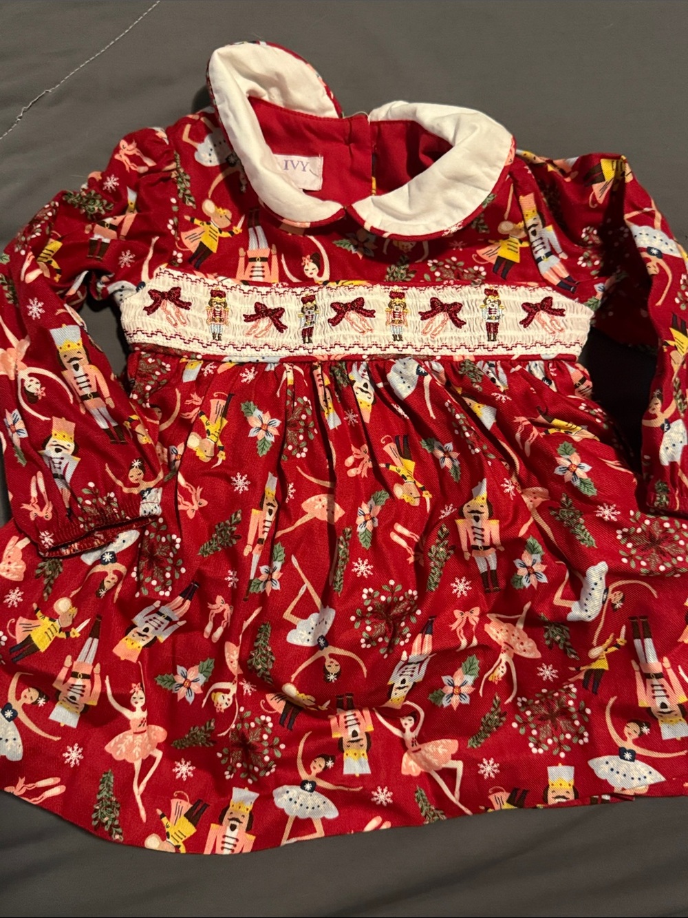 iris & ivy Red Nutcracker and Ballerina Smocked Dress with White Collar